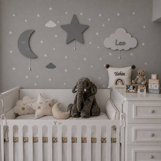 Set de lámparas de pared infantiles con luna, estrellas y nube personalizada con nombre, pintadas a mano para la decoración de la habitación del bebé, ideal para regalo de nacimiento, bautizo y cumpleaños.