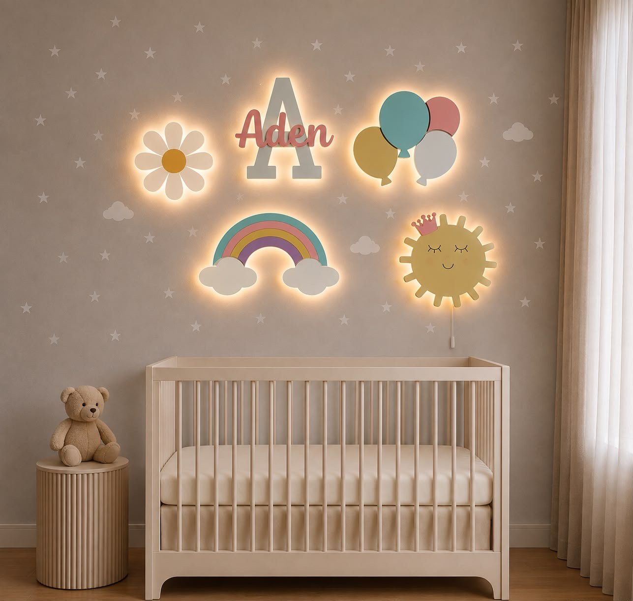 Set de lámparas infantiles con margarita de primavera, personalizado con el nombre, pintadas a mano y personalizadas para decorar la habitación de bebé.