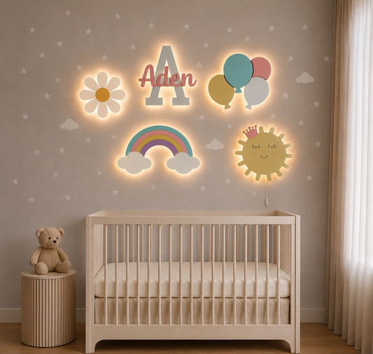 Set de lámparas infantiles con margarita de primavera, personalizado con el nombre, pintadas a mano y personalizadas para decorar la habitación de bebé.