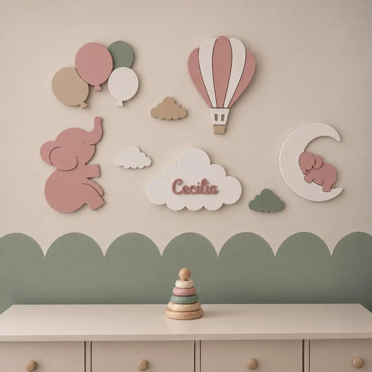 Conjunto de lámparas de pared LED infantiles con elefante, globo aerostático, globos, luna y nubes, incluyendo una nube personalizada con el nombre. Decoración cálida y acogedora para una habitación bebé.